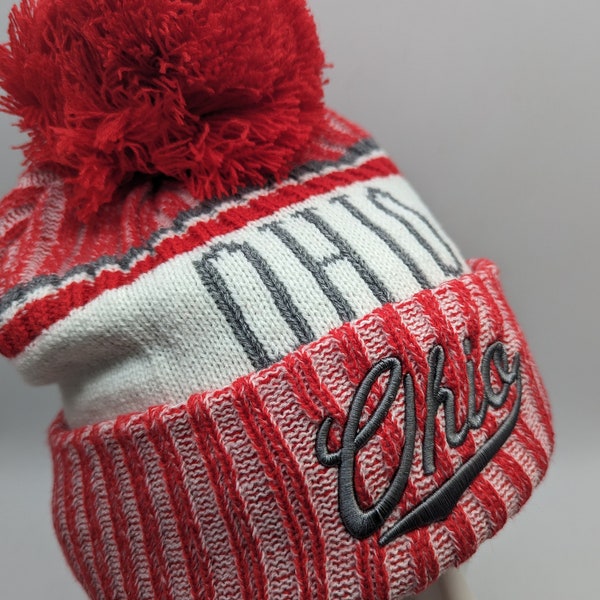 Ohio Winter Hat - Red Scarlet Grey Gray - Soft Plush Lined Hat- Pom Pom- Beanie Stocking Cap Warm - Red Style 2