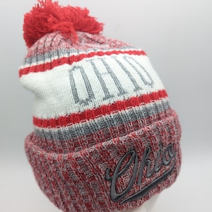 Ohio Winter Hat - Red Scarlet Grey Gray - Soft Plush Lined Hat- Pom Pom- Beanie Stocking Cap Warm