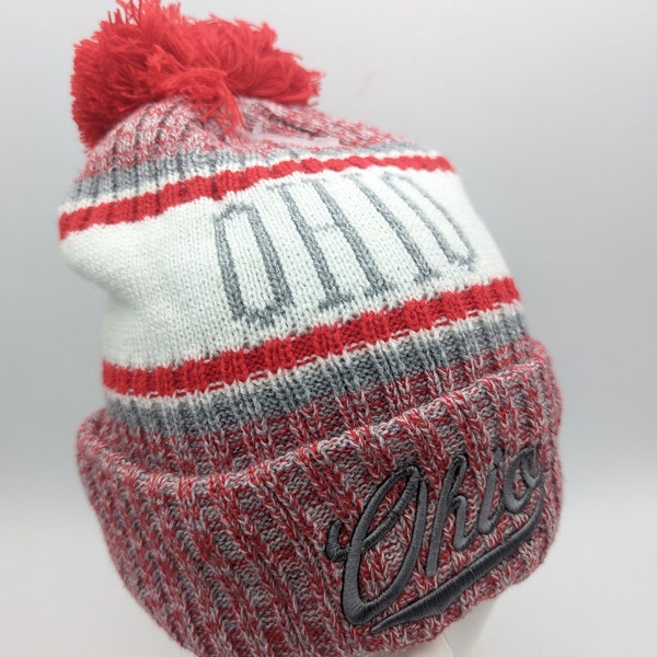 Ohio Winter Hat - Red Scarlet Grey Gray - Soft Plush Lined Hat- Pom Pom- Beanie Stocking Cap Warm