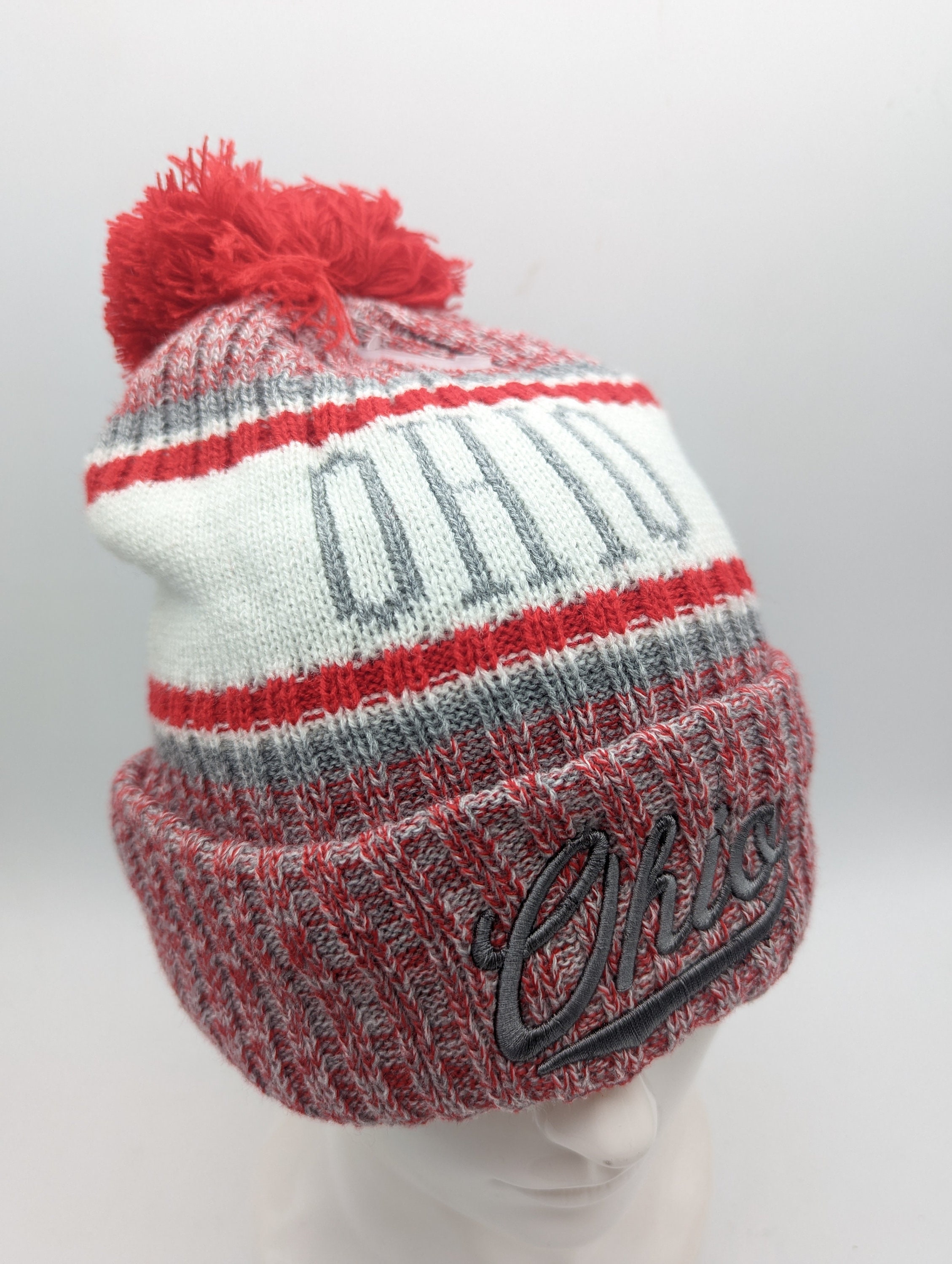Ohio Winter Hat - Red Scarlet Grey Gray - Soft Plush Lined Hat- Pom Pom- Beanie Stocking Cap Warm