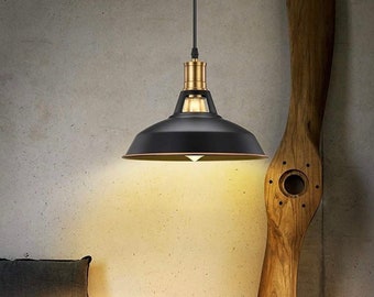 Industrial Barn Style Dimmable Pendant Lights, Plug in Black Metal Aluminum Shade, Swag Hanging Lamp Fixture, Farmhouse Style Light Fixture