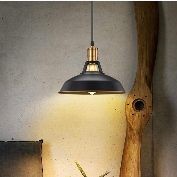 Industrial Barn Style Dimmable Pendant Lights, Plug in Black Metal Aluminum Shade, Swag Hanging Lamp Fixture, Farmhouse Style Light Fixture