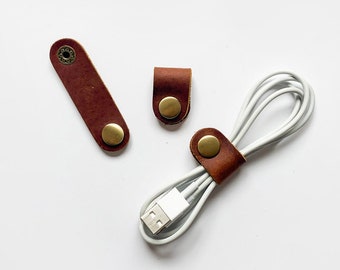 Leather Keychain/ Cord Organizer/ Cord Keeper/ Cable Organizer, Nubuck Leather Clip with Brass Button - Cognac Tan Leather - C001