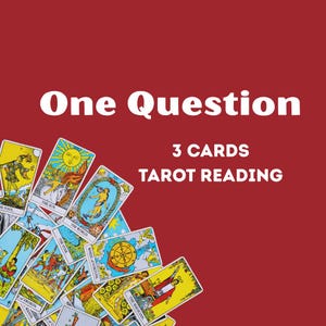May include: A collection of colorful tarot cards scattered on a deep red background. The text "One Question" and "3 CARDS TAROT READING" is printed in white at the top. The cards feature various illustrations including The Fool, The Sun, and The Magician.
