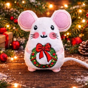Mouse holding Christmas wreath Stuffie ITH Embroidery,Machine Pattern,ITH Mouse Stuffie,Mouse Softie, Mouse Pattern,ITH 5x7,6x10, 7x12,8x12,