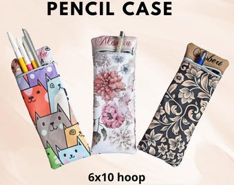 May include: Three pencil cases with various patterns. One displays cartoon cats, another has a floral design, and the third features a black and beige floral pattern. The text "PENCIL CASE" and "6x10 hoop" are visible.