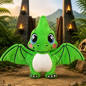 May include: A bright green plush pterodactyl toy with large blue eyes, a white belly patch, and pink cheek accents. The stuffed animal features outstretched wings with black stitched details and small feet, standing upright with a friendly expression.