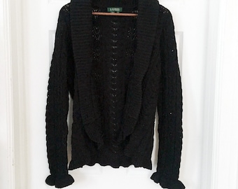 Vintage Lauren Ralph Lauren Black Crochet Knit Cardigan - Ruffle Sleeve, Size L