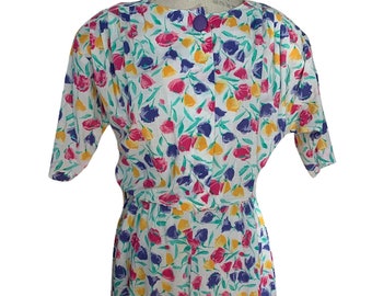 Vintage Floral Dress / 80s Dress / 80s Flower Print Dress by SI Fashions / Pastel Floral Print Summer Dress