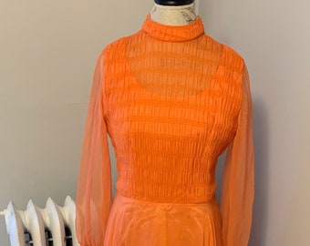 Vintage Coral Pink Orange Chiffon Dress / Milgrim White Plains / 70s Flowy Gown / Long Sleeve / Sheer