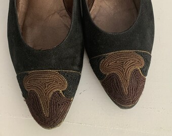Vintage Black Suede Heels: Woven Detail Block Heels, Made in Italy, Size 7