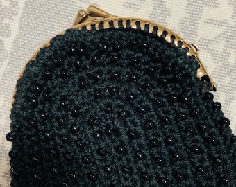 Vintage Crochet Beaded Coin Purse by BEADIES Japan / Black Seed Bead Change Purse