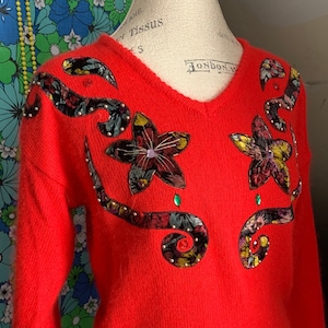 Vintage Marnie West Red Angora Blend Sweater with Velvet Flowers