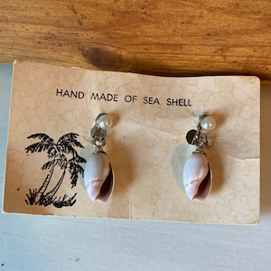 Vintage Sea Shell Earrings: Handmade Faux Pearl Dangle, Screwback