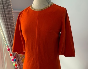 Vintage Batwing Housecoat / 70s Orange Robe Gold Trim / Fleece Robe / Dressing Gown / Loungewear
