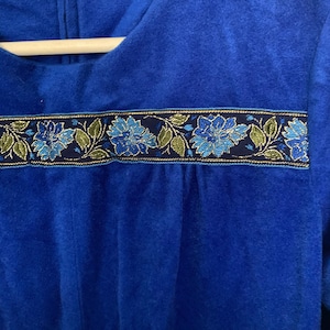 Vintage Minnesota Woolen Blue Fleece Jumpsuit with Leaf Trim / Cropped Palazzo Pants / Vintage Loungewear