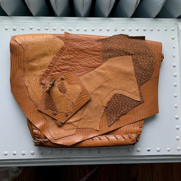 Opulent Containers Patchwork Leather Clutch / Vintage Clutch / Oversized Floppy Brown Leather Clutch