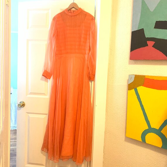 Vintage Coral Pink Orange Chiffon Dress / Milgrim… - image 5