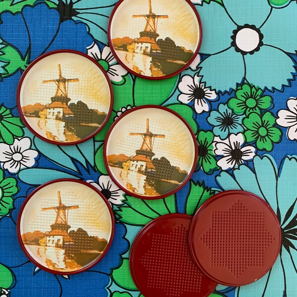 Vintage Coaster Set / Tin Coasters / Punched Tin Coaster Set of Six 6 / Lithograph Print / Dutch Windmill Design