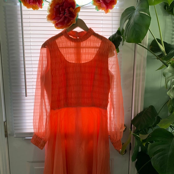 Vintage Coral Pink Orange Chiffon Dress / Milgrim… - image 6