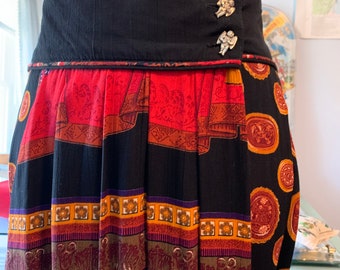 Vintage Print Wrap Skirt with Angel Buttons / Marsha Brander for Componix Size 8 Skirt