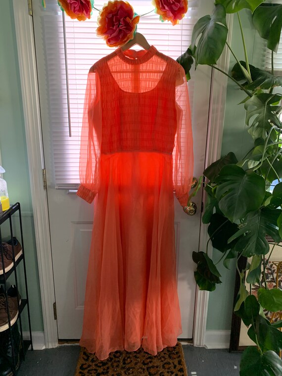 Vintage Coral Pink Orange Chiffon Dress / Milgrim… - image 3