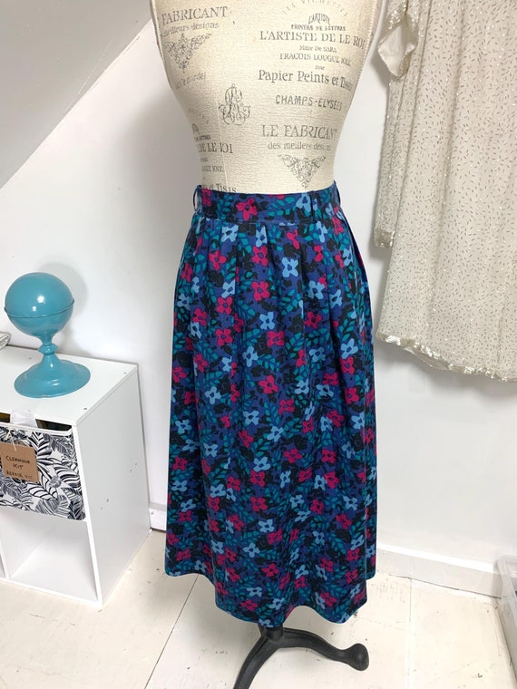 Guy Laroche, Vintage Guy Laroche Wool Skirt: Floral Pleated Midi, Made in France