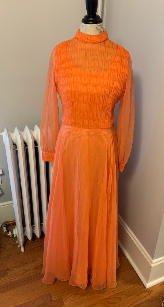 Vintage Coral Pink Orange Chiffon Dress / Milgrim… - image 1