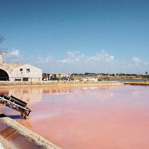 Sizilien Salzpfannen Fotodruck: Trapani Landschaft mit Windmühle (Digitaler Download)