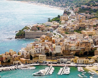 Digital Photo Print | Sicily From Above Poster / Aerial View Castellammare del Golfo / Sicilia Fishing Town / Coast Mediterranean Sea / Blue