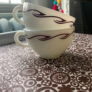 Vintage Pyrex Coffee Cups: Ruby Scroll Restaurant Ware, Set of 2