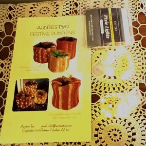 Aunties Two Festive Pumpkins pattern 2016 and 2 sets of battery operated LED pixie lights