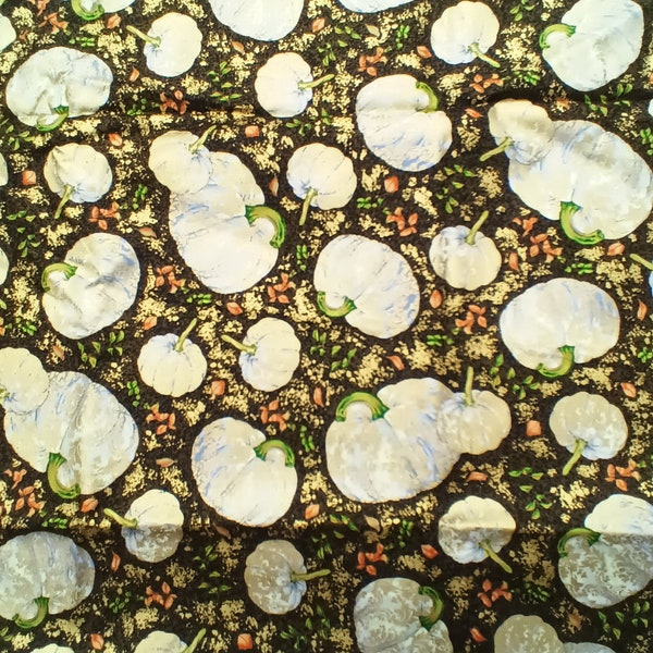 shimmery black background white pumpkin fabric Lynnea Washburn Suzanne Cruise QT fabrics fall autumn 37 inches x 44 inches