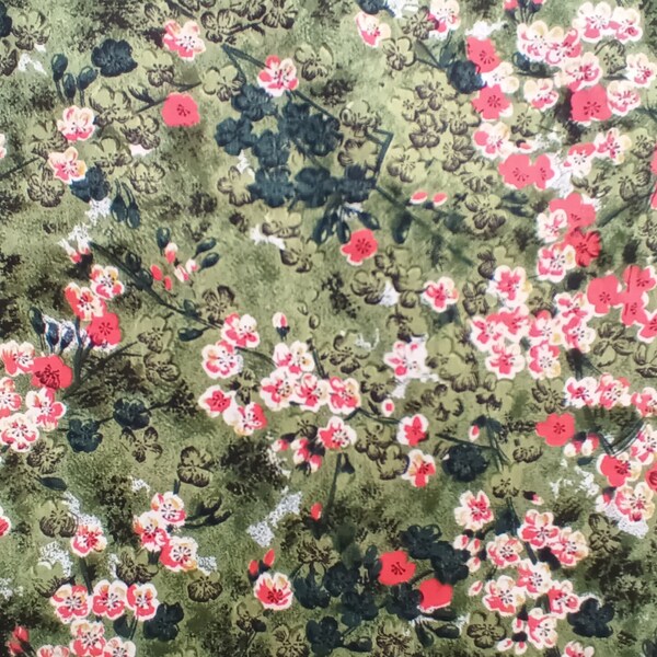 vintage 1950's 1960's green orange floral fabric 36 inches wide by 38 inches fruit of the loom excellent condition