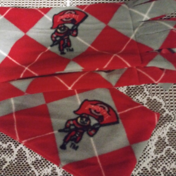 Ohio State University OSU Big Ten tubed fleece handmade homemade argyle check red gray fringed scarf Brutus Buckeyes