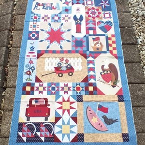 May include: A patchwork fabric panel featuring a variety of patriotic designs, including stars, stripes, a red, white, and blue truck, a wagon, and an eagle. The panel is titled "Patches of Americana" by Ricki  Kiser Celico Patch Designs.