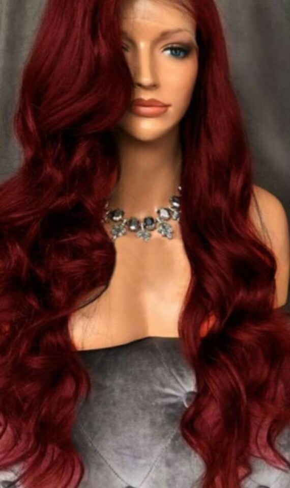26 Human Hair Blend Wig Lace Front Burgundy Wigs Red Etsy
