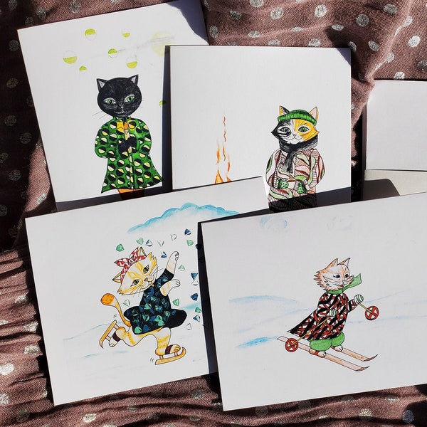 Set of 8 blank notecards by Artist Joanna Lapadula. Notecards are printed from original art. Cats in Dresses, whimsical. Series 4