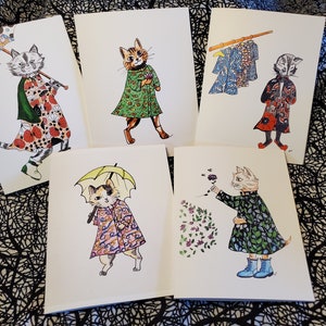 Set of 10 blank notecards by Artist Joanna Lapadula. Notecards are printed from original art. Cats in Dresses, Series 1. Cat Lover, Cat mom