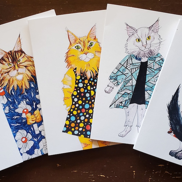 Set of 10 Maine Coon Cat blank notecards by Artist Joanna Lapadula. Notecards are printed from original art. Cats in Dresses, Series 5