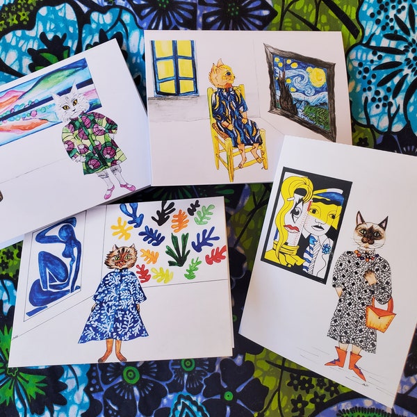 Blank Notecards, set of 8 by Artist Joanna Lapadula. Notecards are prints of original art. Whimsical Fine Art Cats in Dresses, Series 3.
