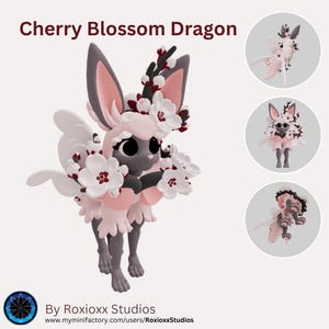 Könnte beinhalten: Ein rosa-graues 3D-Modell eines Drachen mit Kirschblüten. Der Drache hat große Ohren und einen flauschigen Schwanz. Das Modell trägt den Titel "Cherry Blossom Dragon" und stammt von "Roxioxx Studios".