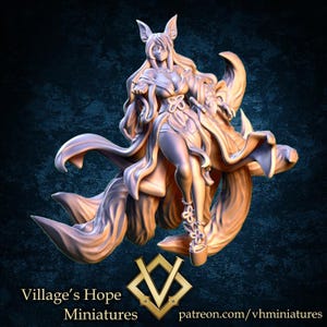 May include: A 3D printed miniature of a female figure with fox ears and a long tail. She is wearing a flowing robe and is posed in a dynamic stance. The miniature is painted in a light grey colour.