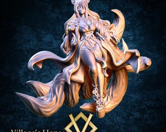 May include: A 3D printed miniature of a female figure with fox ears and a long tail. She is wearing a flowing robe and is posed in a dynamic stance. The miniature is painted in a light gray color.