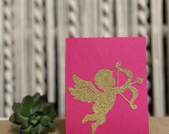 Valentine's Card with Envelope, Blank Card, Single Card, Set of Six Cards, Pink, Gold Glitter, Holiday Card