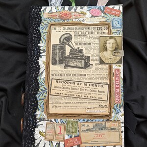 May include: A vintage scrapbook page with a brown and white floral pattern. The page features a vintage advertisement for a Columbia Graphophone, a record player, and a coupon book for ice. The text on the advertisement reads "The Columbia Graphophone for $20.00 Runs Standard Size Wax Cylinder Records. This High Grade Columbia Graphophone is an ideal machine for the home, and at the same time a charming ornament to any parlor. The Reproducer is made with the latest improvements, and is furnished with Indestructible Sapphire Needles. The machine is finished in genuine quarter sawed oak, regulating device, insuring perfect reproduction, and it runs records with most perfect governor and speed. You can make your own records with this machine, as perfect in its operation as a watch, and furnish with each one the additional opportunity of making successful records. Records at 15 cents. At 15 cents each, in lots of 50, we sell Genuine Columbia Standard Size Wax Cylinder Records. Don't hesitate for we furnish with any graphophone described on this page. For full information regarding this Great Record Sale See Page 382. Improved recorder for making records, and a 16-inch aluminum horn, but without records. No. BIC130 Columbia A Graphophone, complete with D reproducer, recorder and 14-inch aluminum horn, but without records. As illustrated. For list of XF records suitable for this machine see page 318. For price of black records see No. BIC175, page 318. A record of the past."