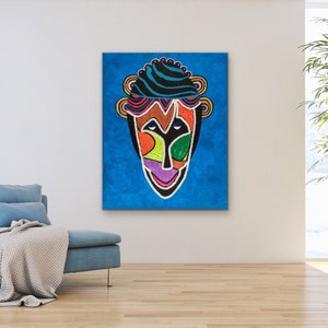 African Man mask, modern abstract art, colorful living room wall decor, Afrocentric art, Jamaican art, Rastafarians of Jamaica, unique gift image 1