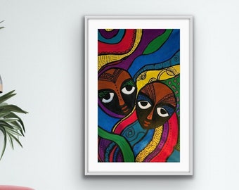 May include: Abstract painting of two faces with colourful lines and swirls. The faces are black with white eyes and are surrounded by a vibrant background of blue, green, yellow, and red.