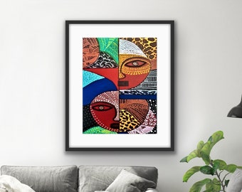 african print, abstract theme, matted print, Black American art, modern art for living room, Xmas gift for mom, Christmas gift for sister,