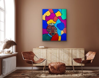 May include: A colourful abstract painting with a brown mask in the centre. The background is made up of various shapes and colours, including blue, green, red, yellow, and pink.